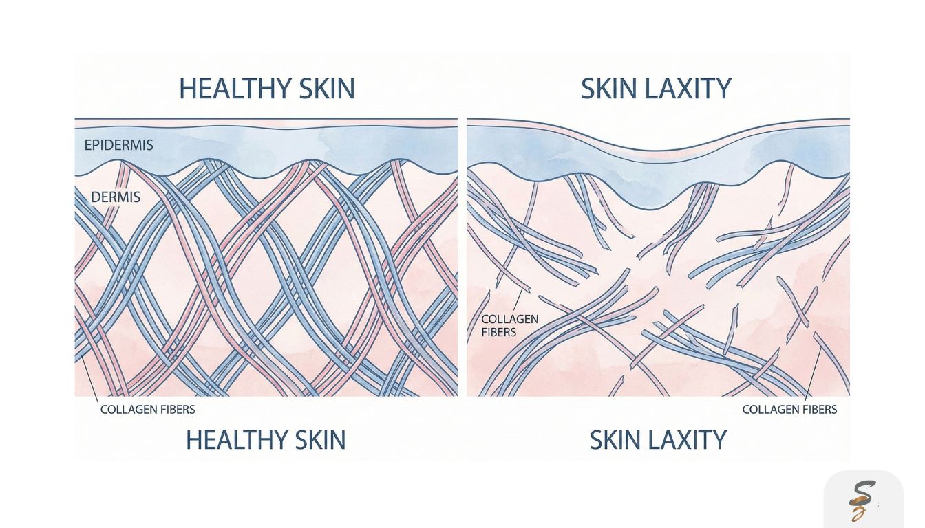Conceptual illustration depicting healthy, dense collagen fibers versus diminished, fragmented collagen fibers, explaining skin laxity.