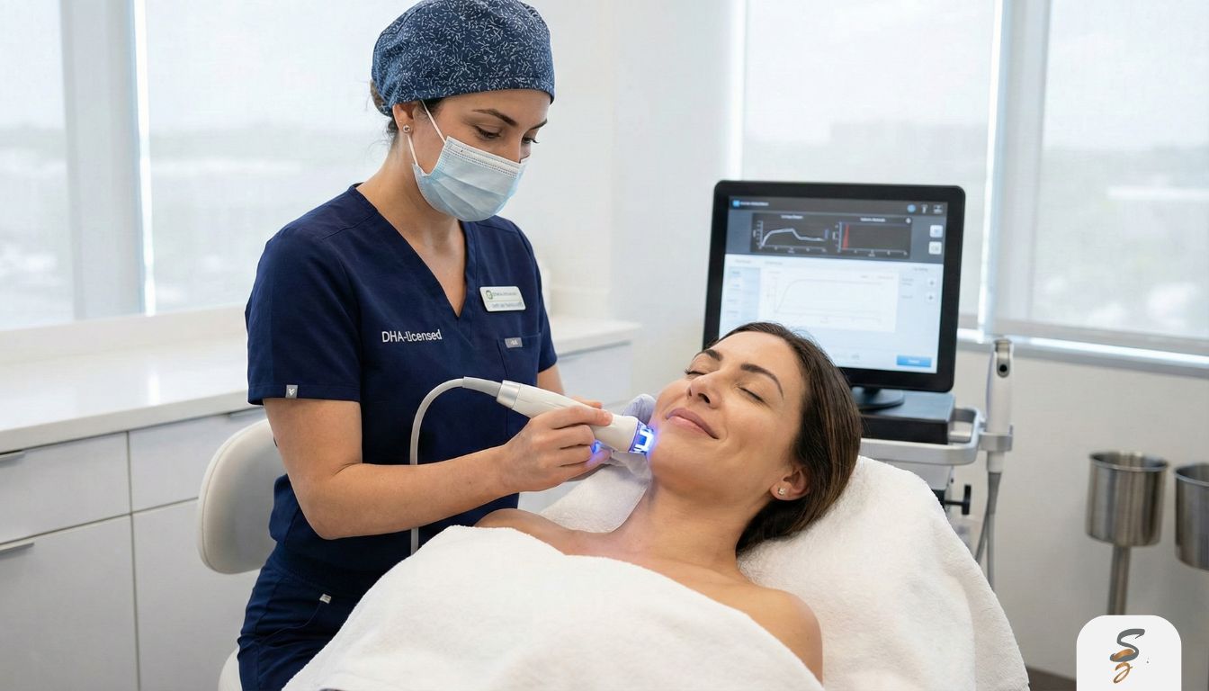 A professional practitioner using an advanced non-invasive skin tightening device on a client's face in a modern, clean aesthetic clinic.