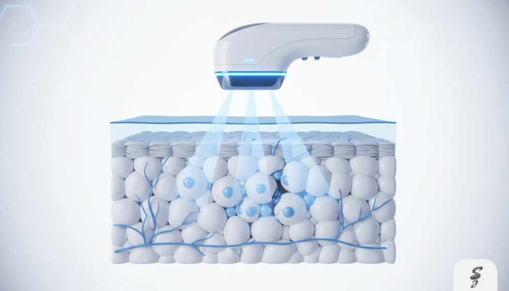 stylized 3D cross section of skin layers where a sleek modern ultrasonic device hovers above 1 3 1