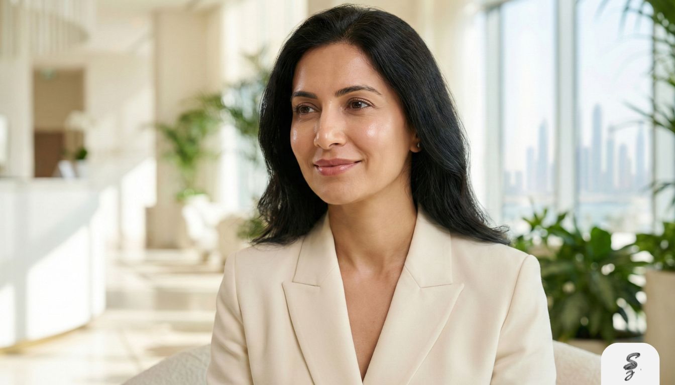 A serene woman gently touching her smooth, rejuvenated cheek, with a blurred modern Dubai cityscape in the background, symbolizing the lasting results of an RF facelift.