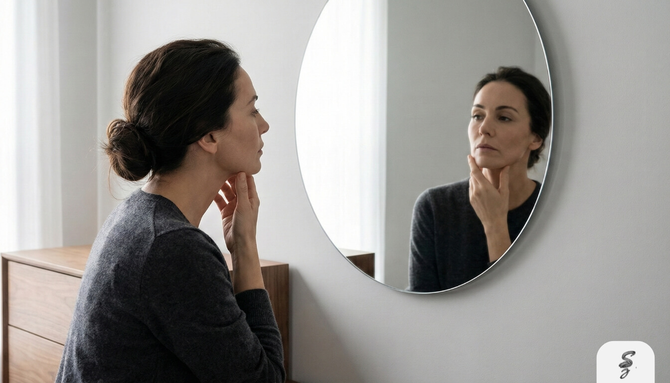 An elegant woman thoughtfully touching her jawline while gazing at her reflection, symbolizing the desire for a refined facial profile and aesthetic improvement.
