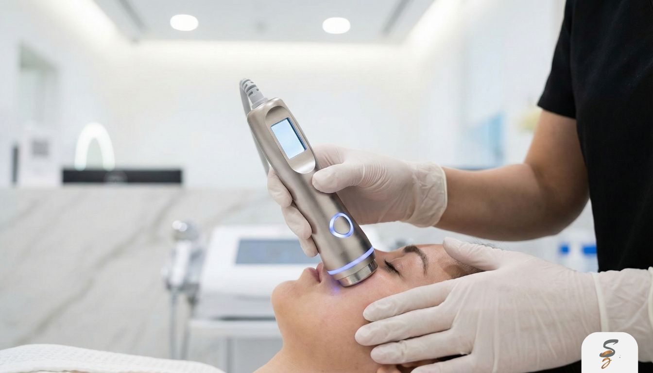 A close-up of a sleek RF skin tightening device being gently applied to a woman's cheek by an aesthetician in a modern Dubai clinic.