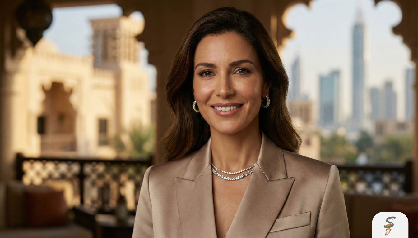 A serene woman in her mid-40s with luminous skin, looking thoughtfully out a window with a modern city view, symbolizing self-care and skin rejuvenation.