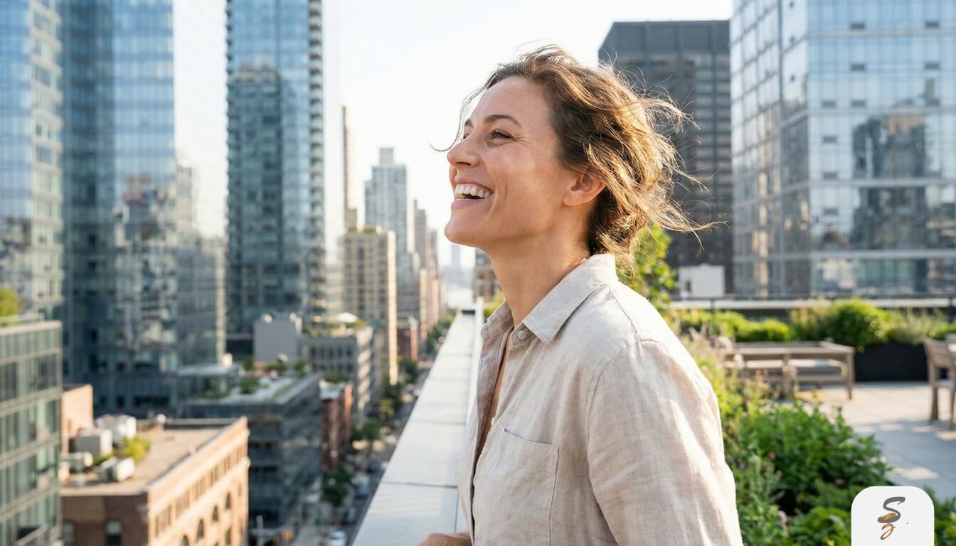 A vibrant woman with a sculpted jawline and a confident smile, enjoying a bright, modern outdoor setting, representing the successful results of face slimming.