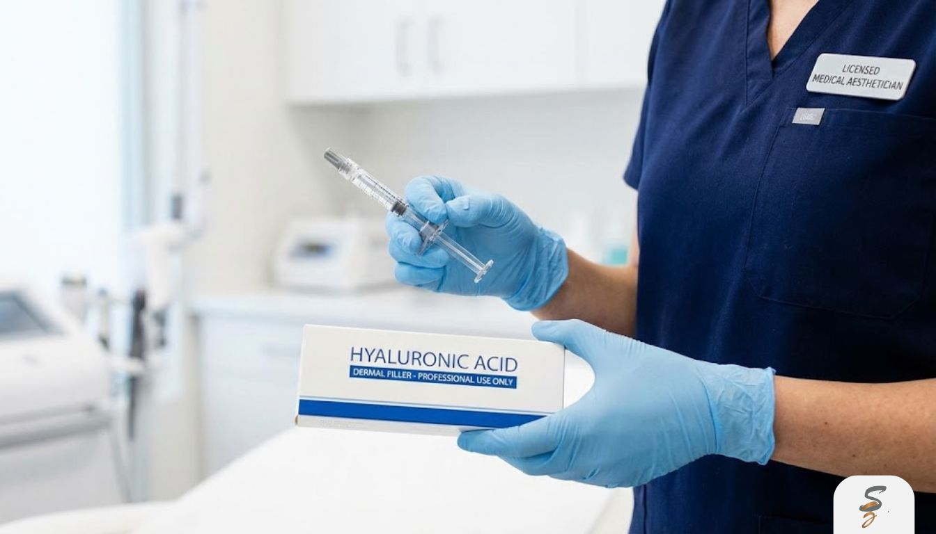 Close-up of a gloved practitioner holding a dermal filler syringe and hyaluronic acid product packaging in a clean clinic setting.