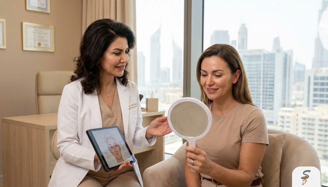 Modern, hygienic aesthetic treatment room in Dubai with a medical chair and sterile setup, emphasizing safety and professional standards.