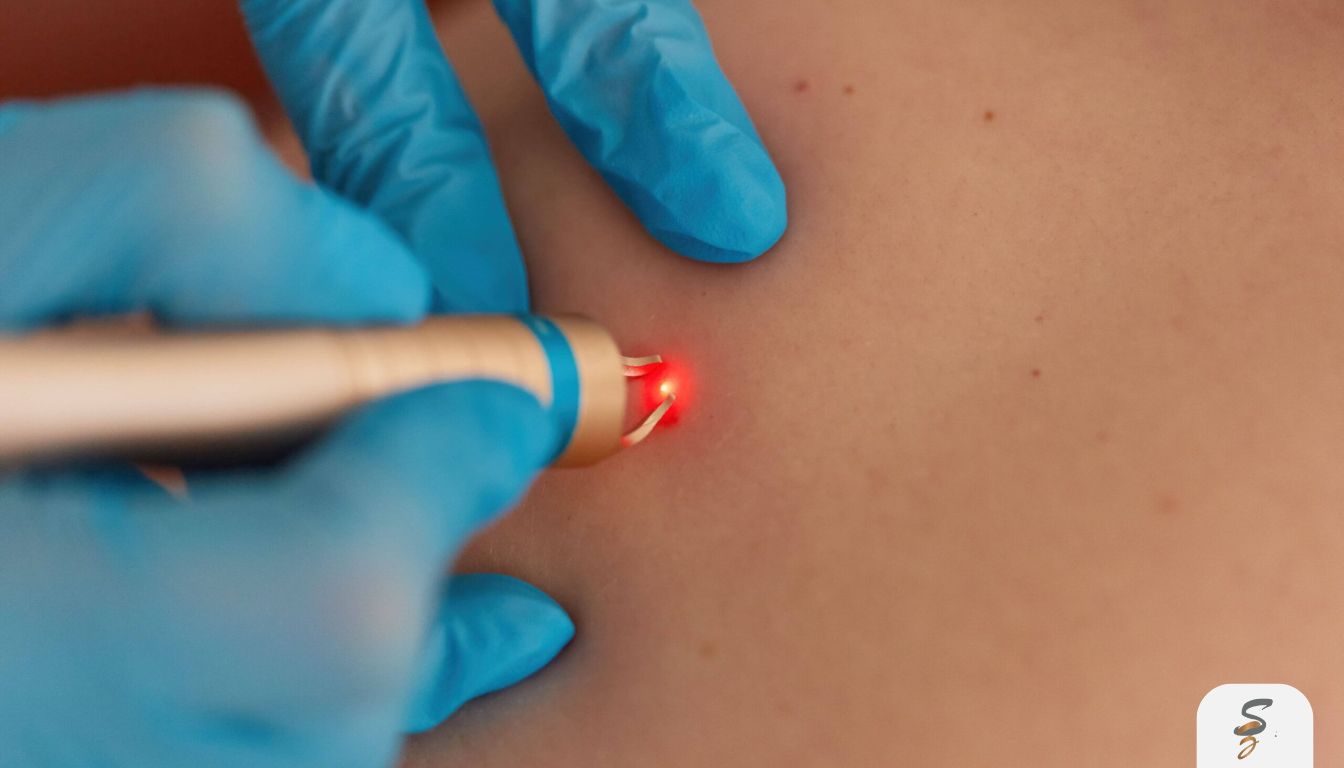 Close-up of a small skin tag on the neck/underarm area, illustrating a common location caused by friction.