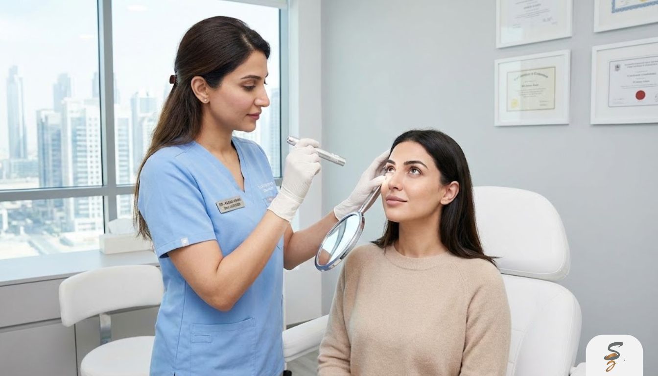Close-up of a woman at a laptop showing mild under-eye shadows, representing dark circles worsened by long workdays and screen time.