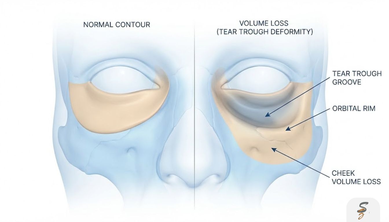 Medical-style illustration explaining the tear trough groove and how under-eye hollows create shadowing that looks like dark circles.