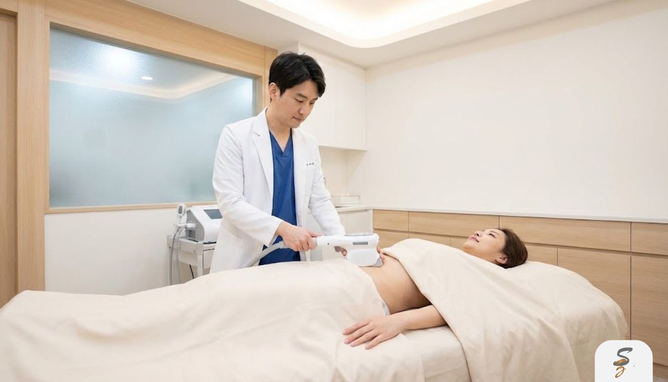 Clinician performing a non-surgical facial tightening treatment with a handheld device on a patient’s jawline.