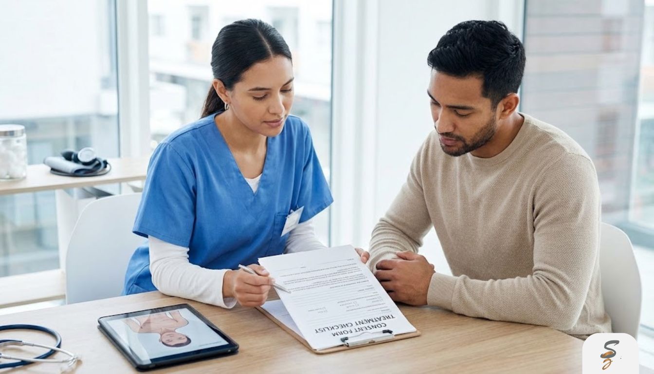 Non-invasive body contouring session with a clinician using a device on a patient’s abdomen in a clinic setting.