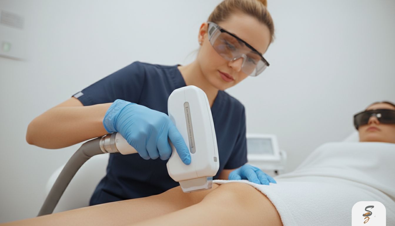 Close-up of a clinician performing laser hair removal with safety goggles and a cooling-tip device in a clean medical clinic.
