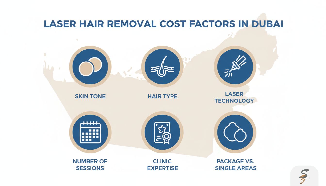 Minimal infographic showing key factors that affect laser hair removal pricing in Dubai, including sessions, technology, and treatment areas.