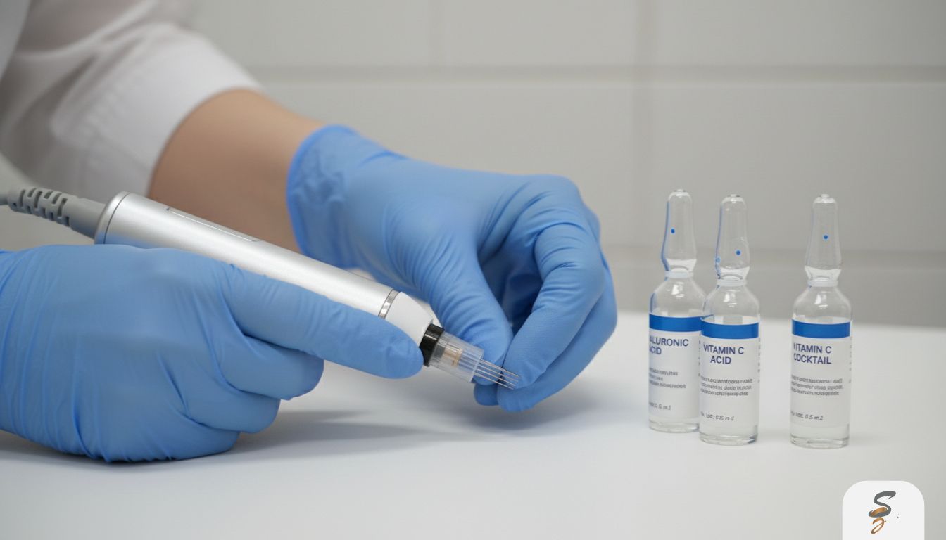 Close-up of gloved hands preparing a dermapen microneedling device beside mesotherapy ampoules on a sterile tray.