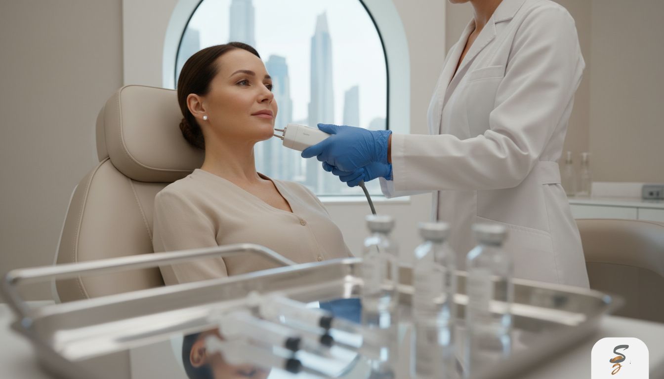 Close-up of a radiofrequency handpiece being applied to the jawline and neck during a non-invasive skin tightening session.