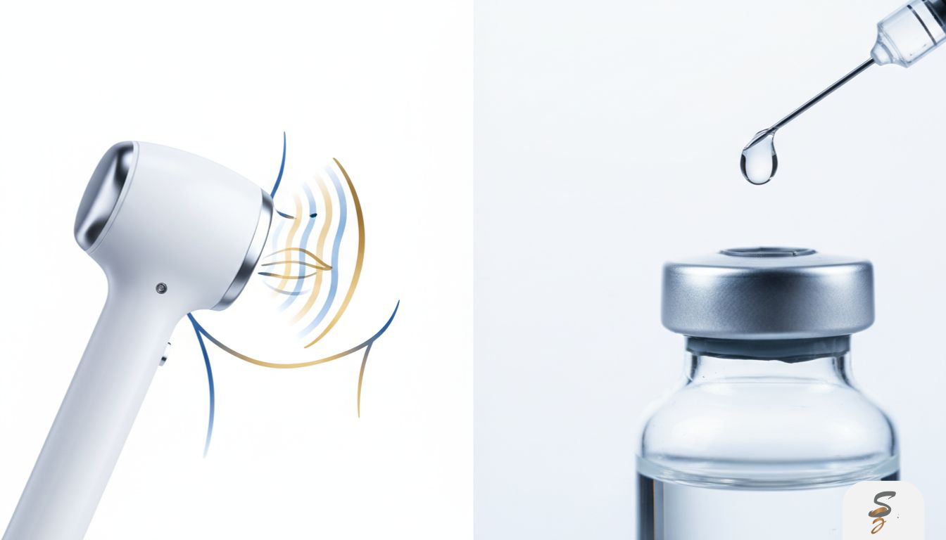 Split visual concept comparing radiofrequency skin tightening device and an injectable skin booster syringe and vial.