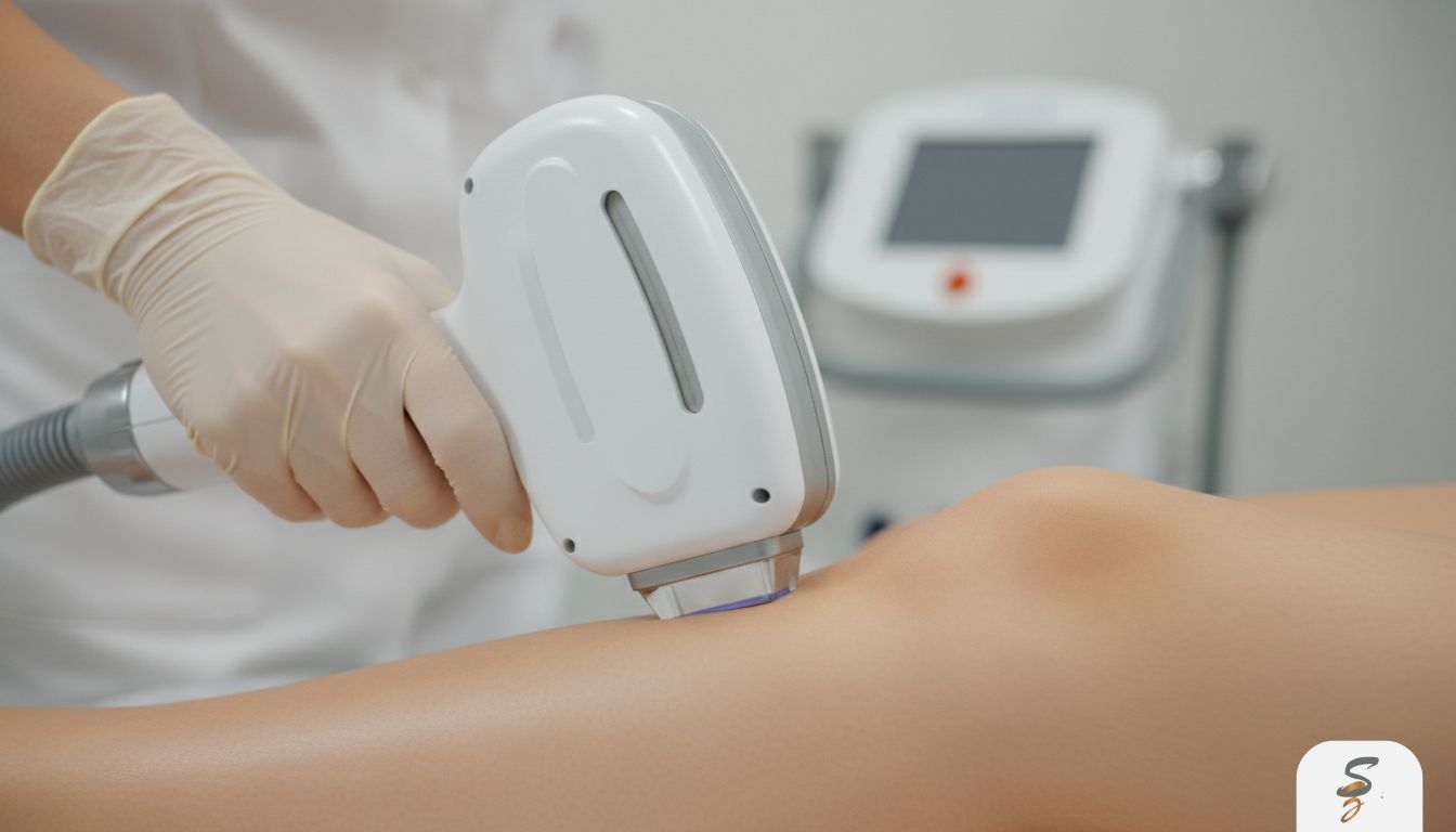 Close-up of a clinician holding a laser hair removal handpiece near a patient’s leg in a clinical setting.