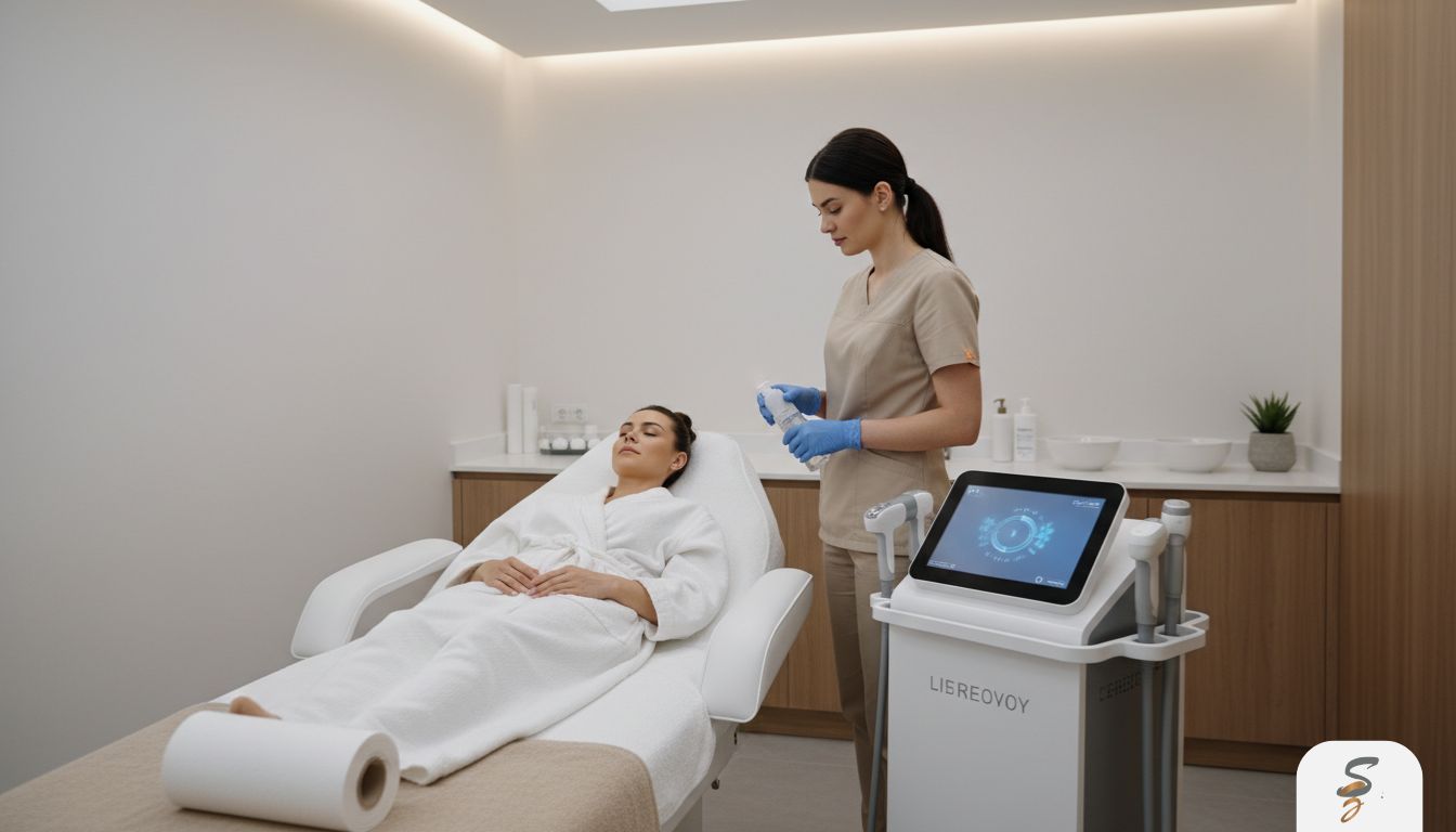 Modern non-surgical body contouring treatment room with clinician preparing a generic aesthetic device in a clean clinic setting.