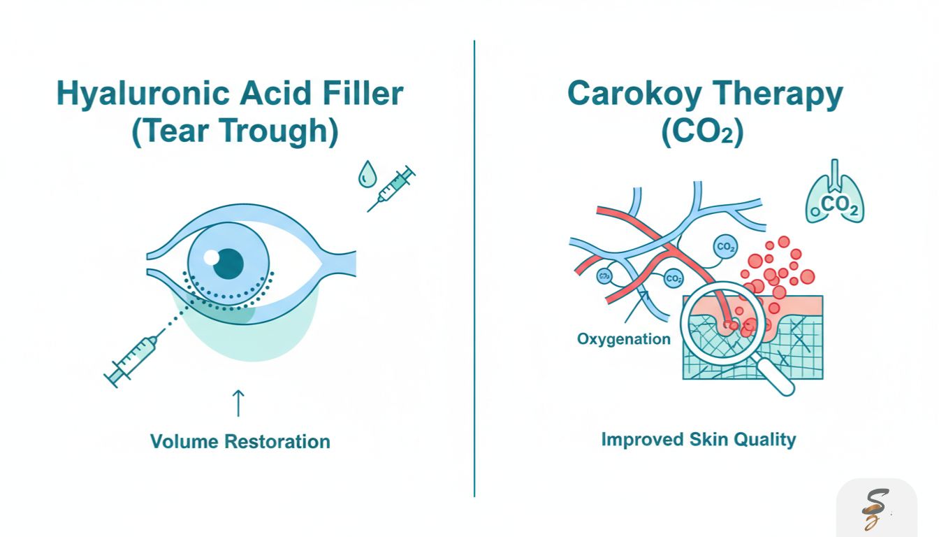 Split infographic comparing tear trough filler for volume loss versus carboxy therapy for circulation and skin quality under the eyes.