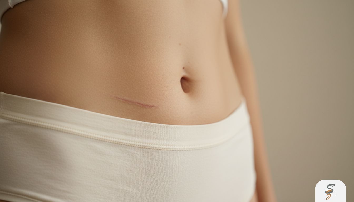 Close-up of a healed C-section scar on the lower abdomen, shown respectfully to illustrate scar appearance after childbirth.