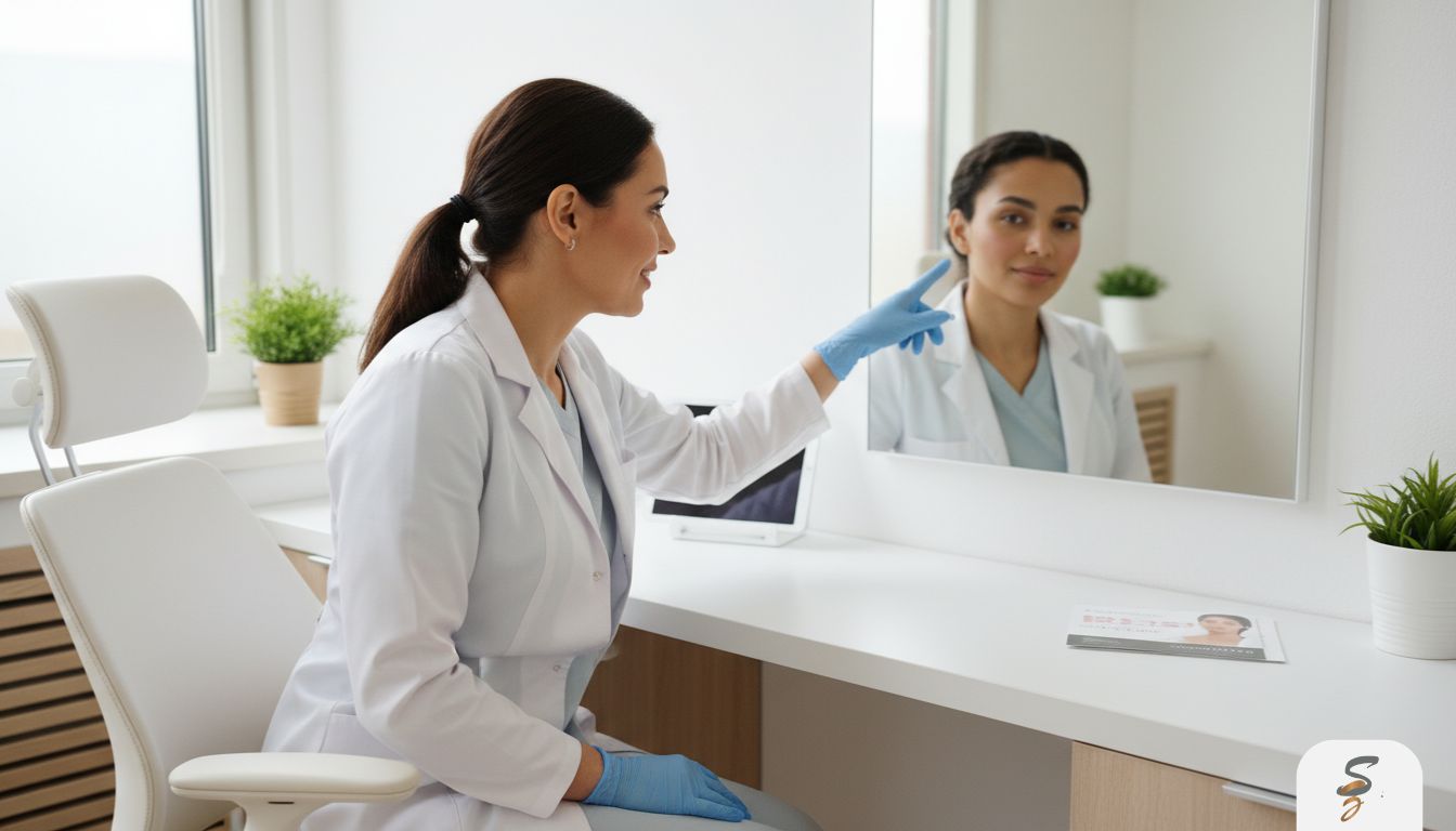 Doctor and patient reviewing under-eye concerns in a mirror during a consultation about fillers versus carboxy therapy.