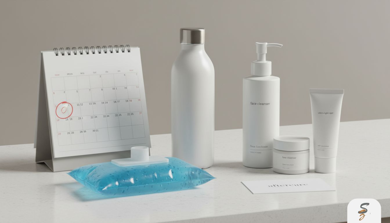 Aftercare essentials like a cold compress, water, and SPF arranged to plan recovery after dermal fillers.