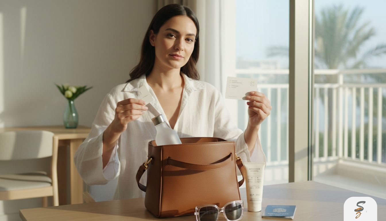 Woman reviewing a checklist and packing essentials before going to a dermal filler consultation in Dubai.