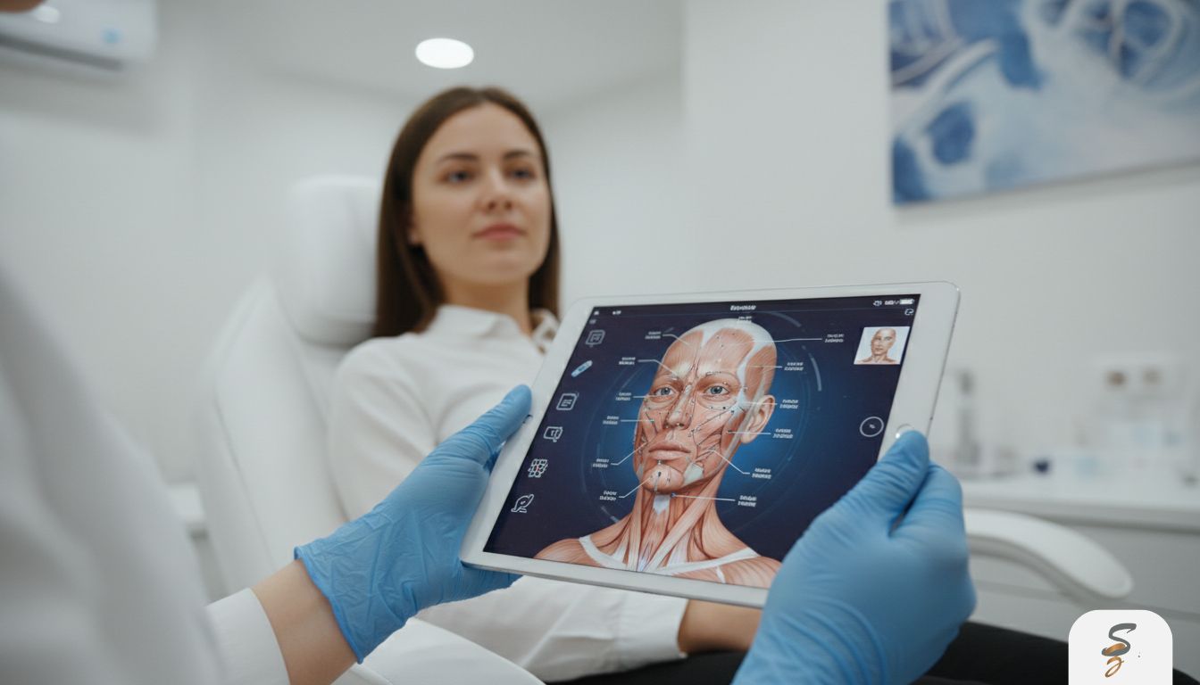 Clinician using a tablet with facial mapping to plan natural-looking dermal filler placement.