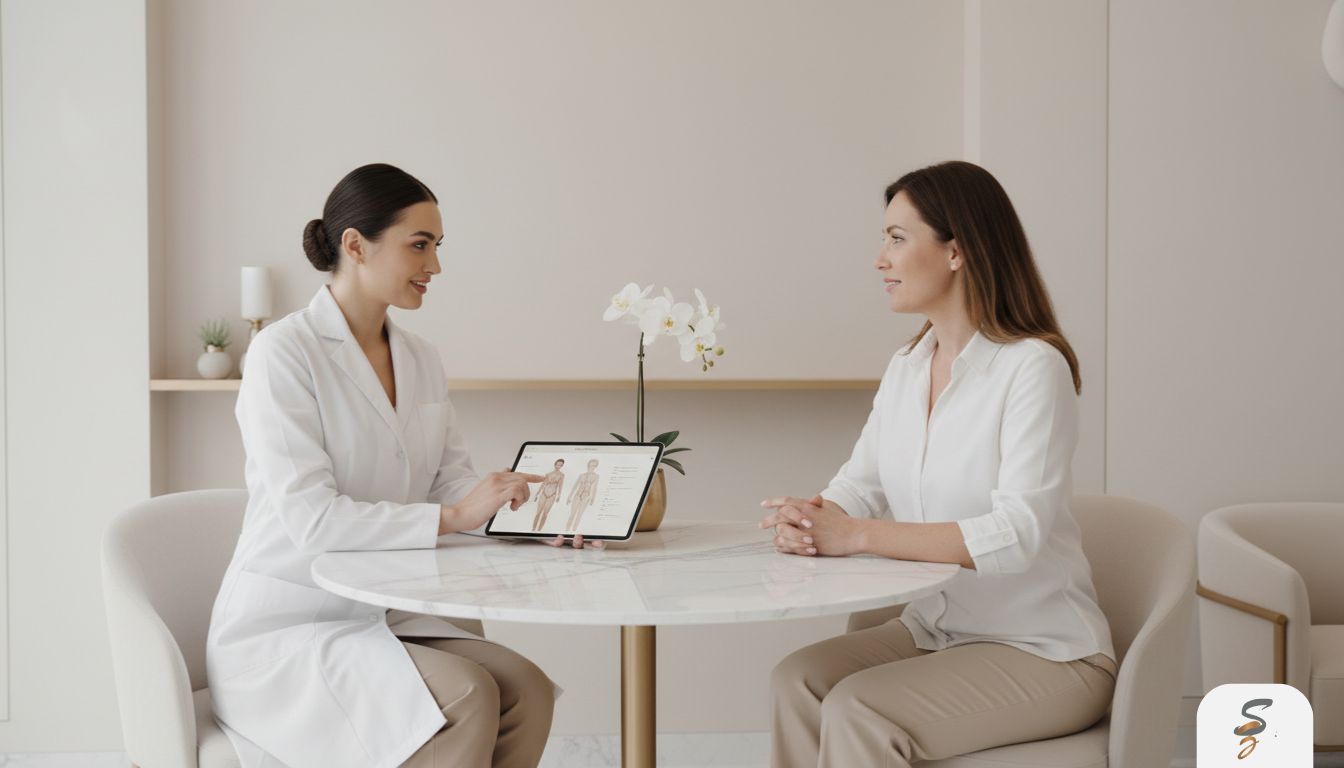 Doctor discussing a personalized aesthetic treatment plan with a patient in a modern clinic consultation room.
