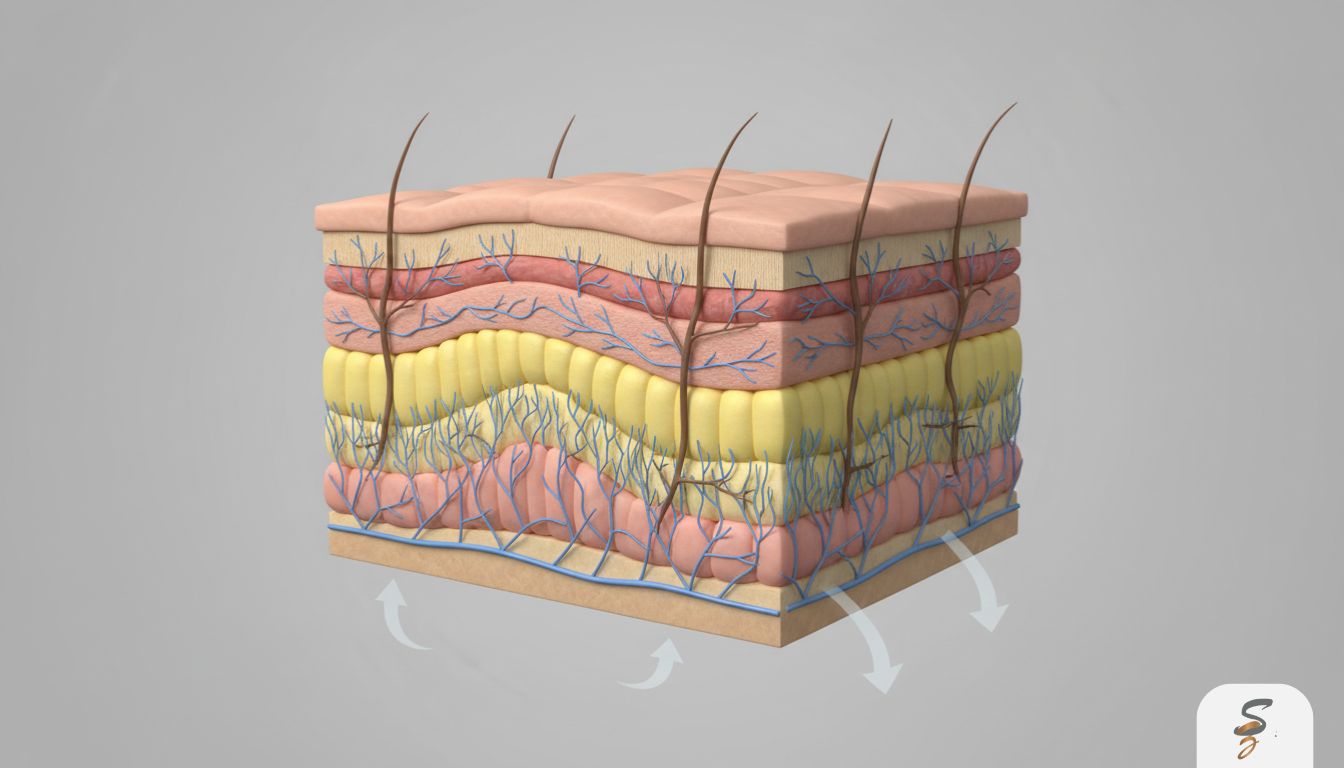 3D medical cutaway showing facial skin layers with collagen loss and mild sagging in the cheek and jaw area.