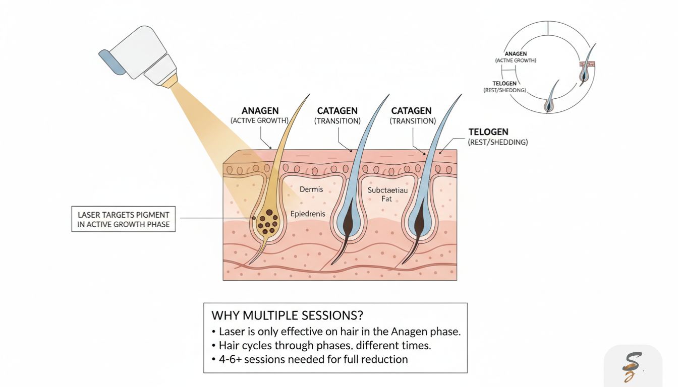 Infographic showing hair growth cycles (anagen, catagen, telogen) and how laser targets follicles during the active growth phase.