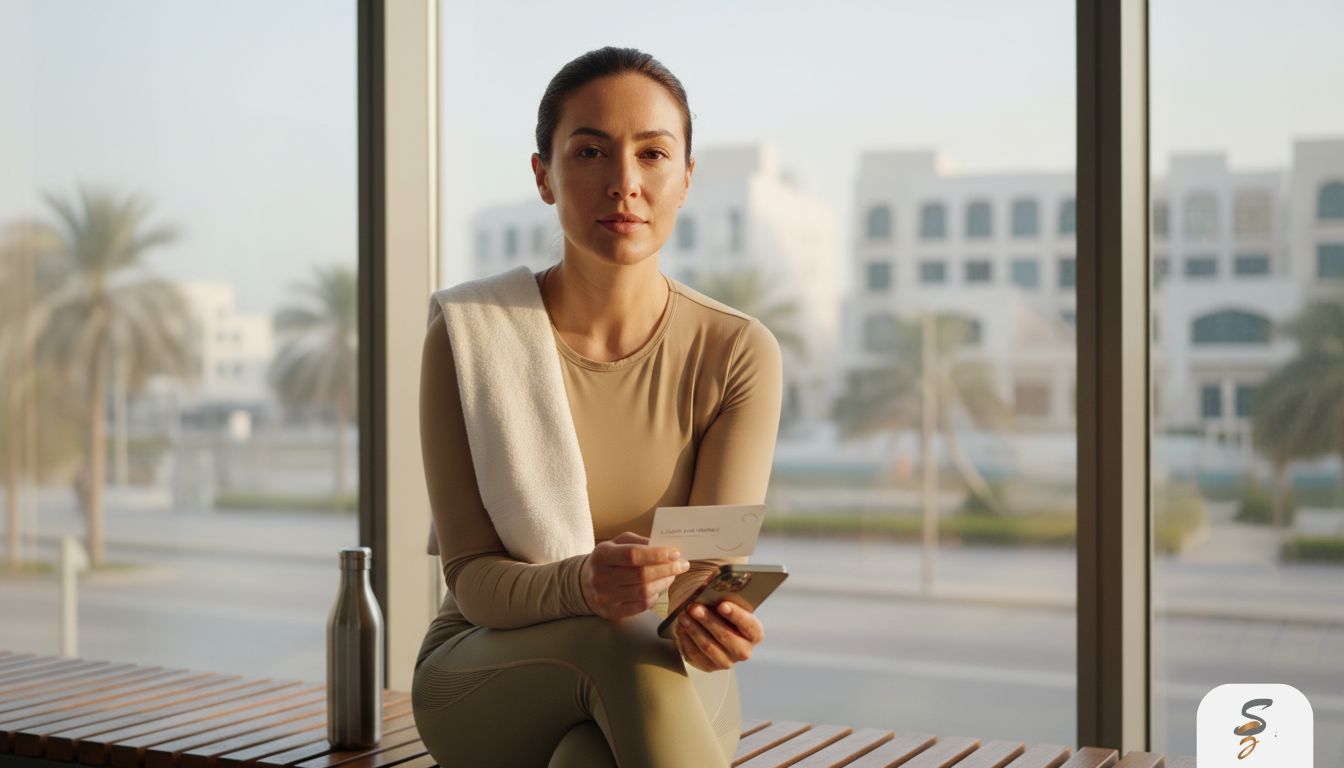 Dubai lifestyle scene showing a person preparing for a laser hair removal appointment as part of a busy work and fitness routine.