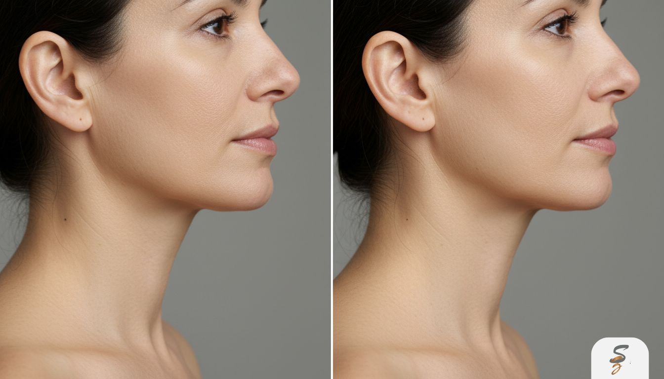 Side-by-side comparison concept showing subtle jawline and neck tightening results from a non-surgical ultrasound facelift.