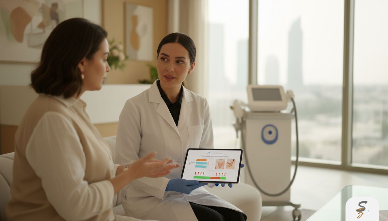 Clinician discussing a personalized non-surgical scar treatment plan with a postpartum patient in a modern clinic.