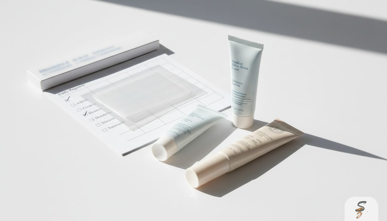 Flat lay of silicone scar gel, silicone sheets, and sunscreen representing a C-section scar aftercare routine.