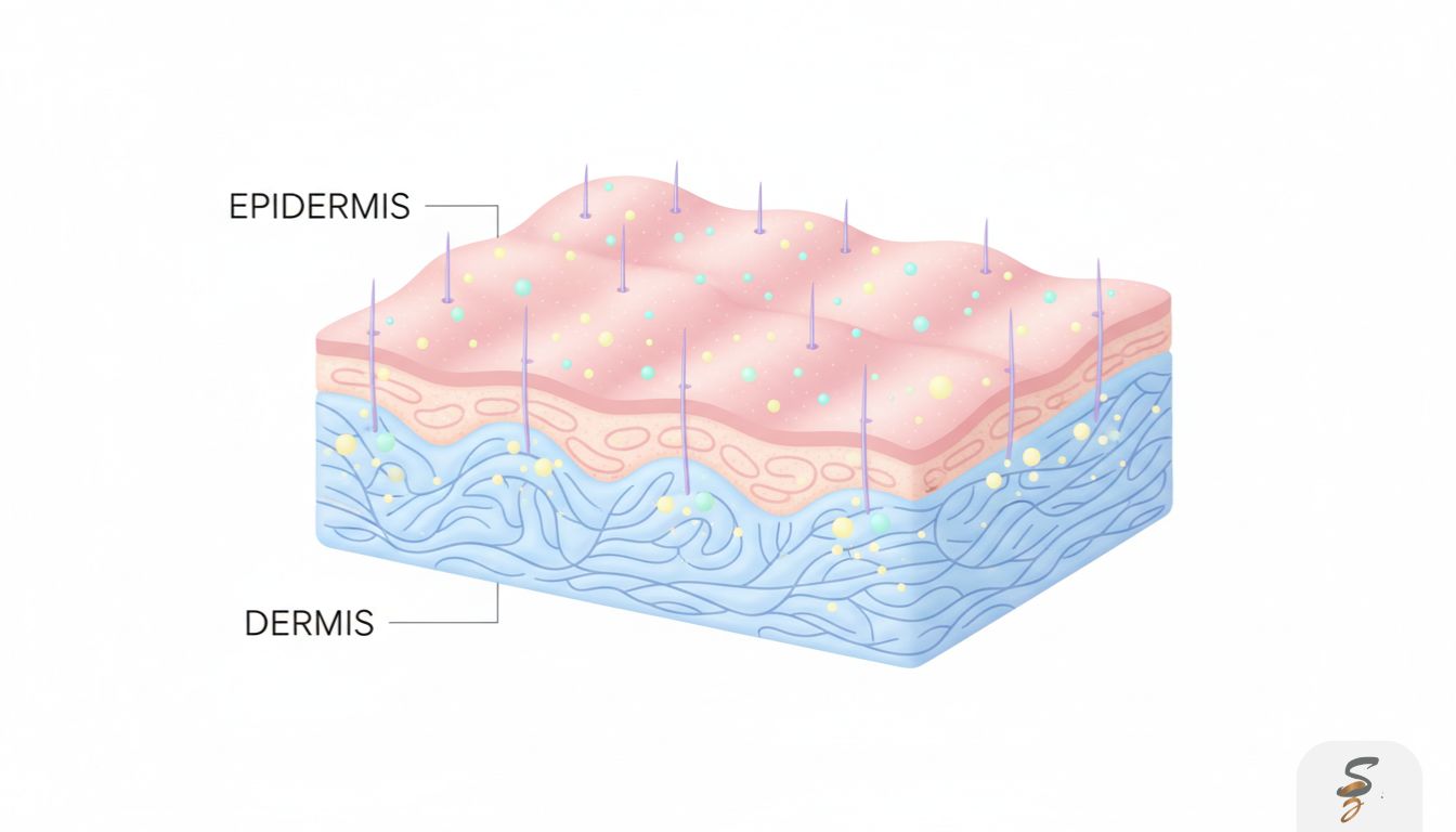 Skin cross-section illustration showing microneedling micro-channels and mesotherapy ingredients being delivered into the upper skin layers.