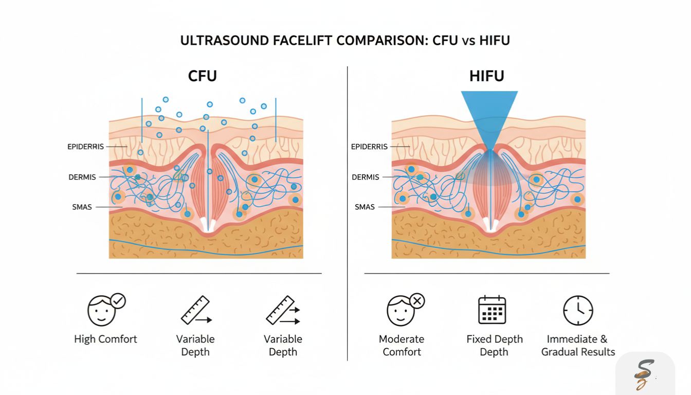 Split-screen infographic comparing CFU and HIFU ultrasound energy targeting different facial skin layers to stimulate collagen.