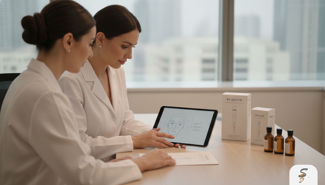 Doctor and patient in a Dubai aesthetic clinic reviewing a personalized treatment plan that may combine RF tightening and injectable skin boosters.