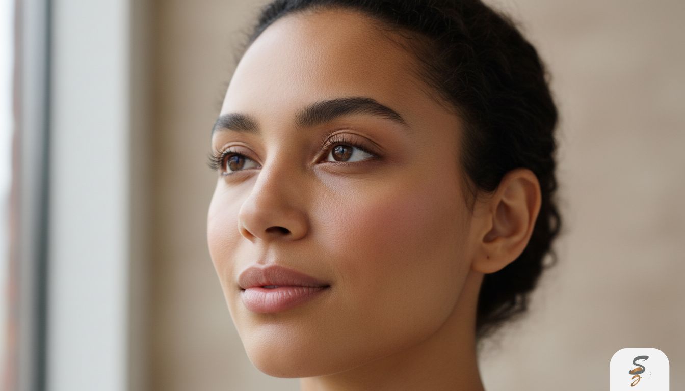 Close-up portrait highlighting mild under-eye dark circles and tear trough shadowing for educational context.