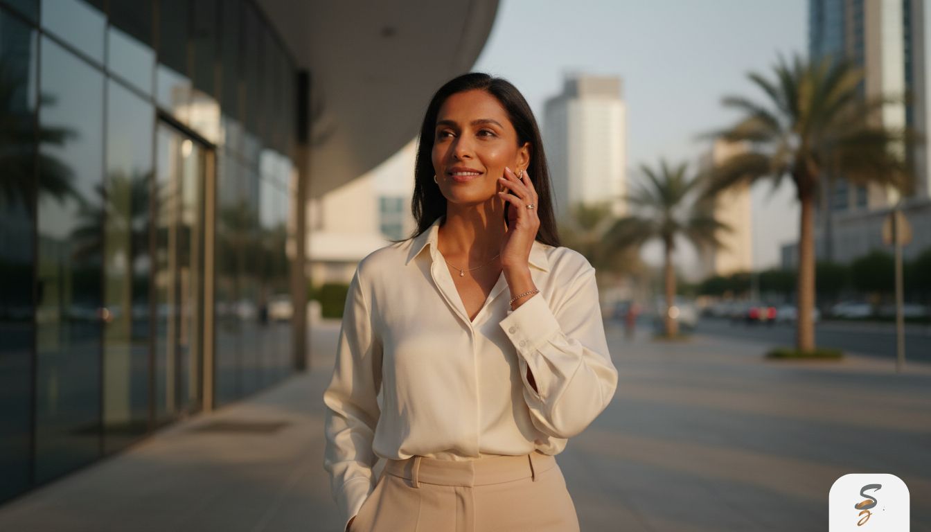 Woman in Dubai with a natural healthy glow after a skincare clinic visit, walking outside a modern clinic.
