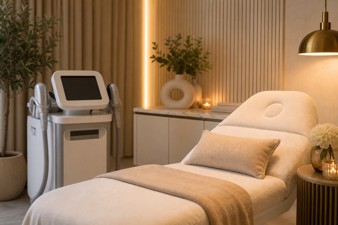 Warm Dubai body contouring treatment room prepared for consultation
