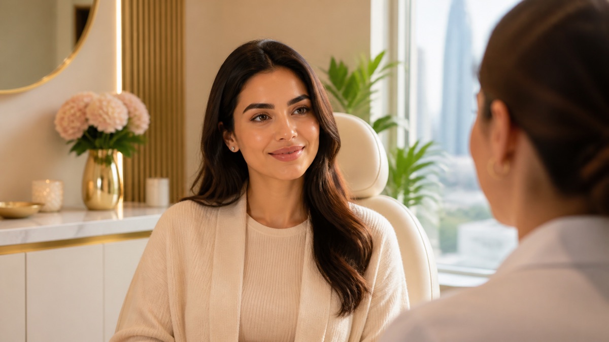 Acne treatment Dubai consultation with calm glowing skin focus