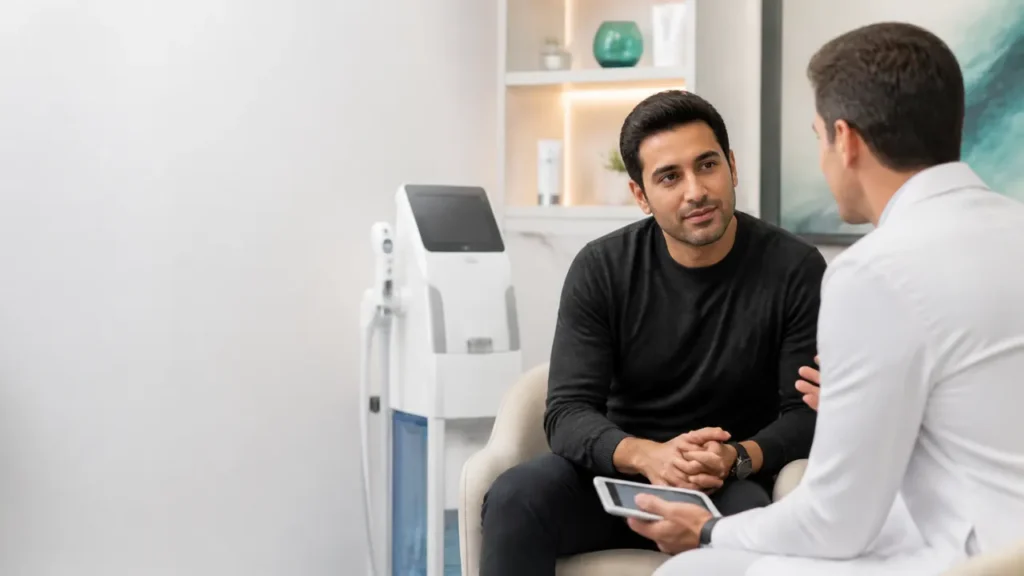 Men’s aesthetic treatment consultation at a Dubai clinic