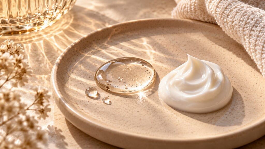 Serum droplet and rich moisturiser illustrating dry vs dehydrated skin care