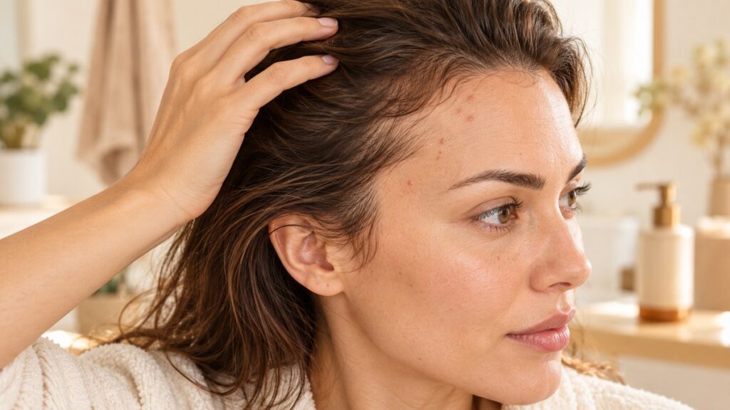 Natural hairline and temple detail illustrating hair products causing hairline acne