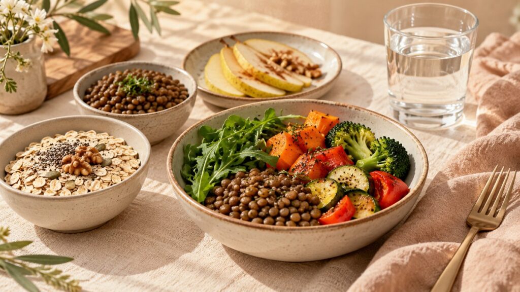 Oats lentils fruit and water illustrating how to increase fiber without bloating
