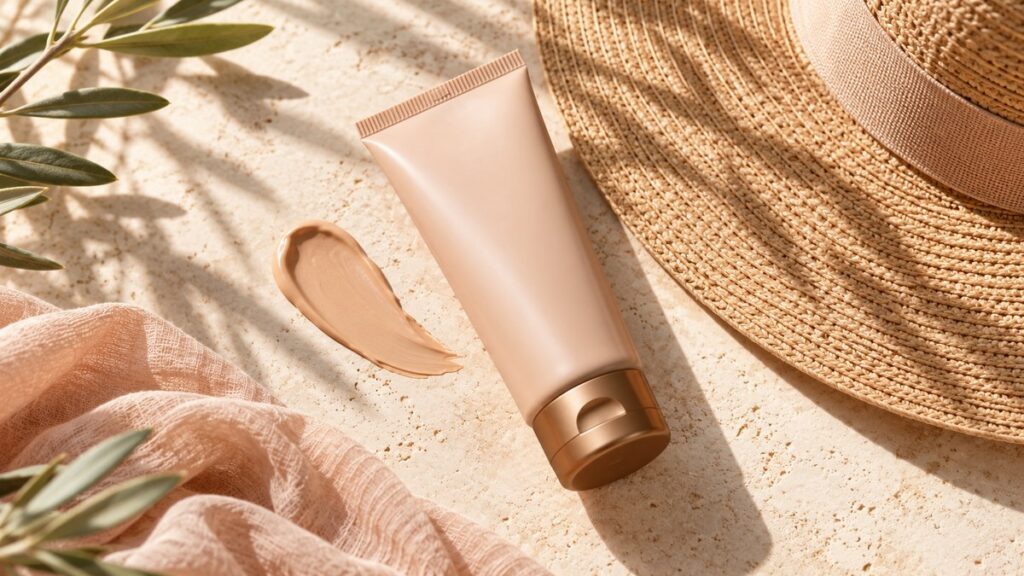 Tinted sunscreen and sunhat illustrating melasma vs sunspots protection