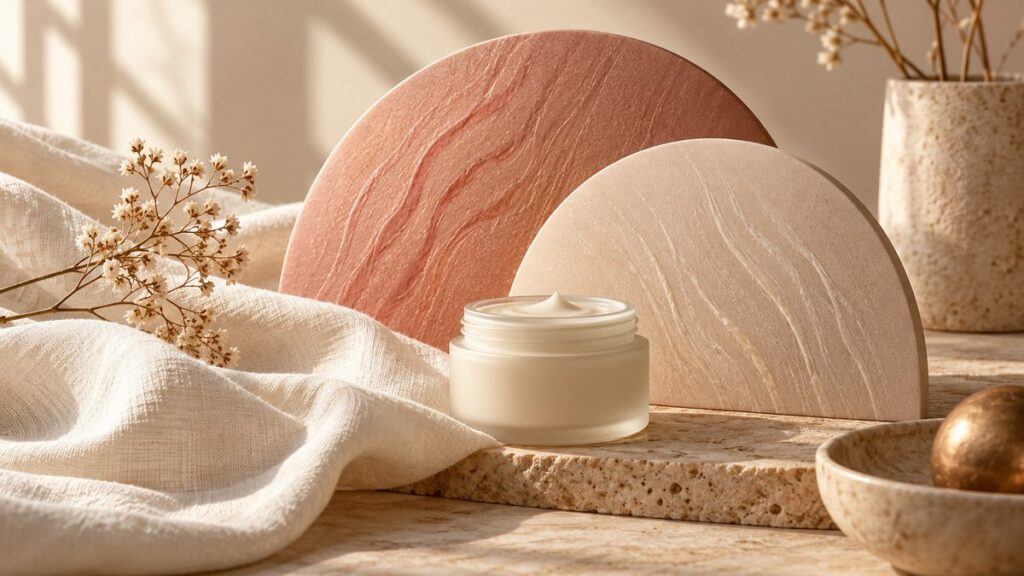 Rose and ivory textured ceramic forms symbolising red vs white stretch marks