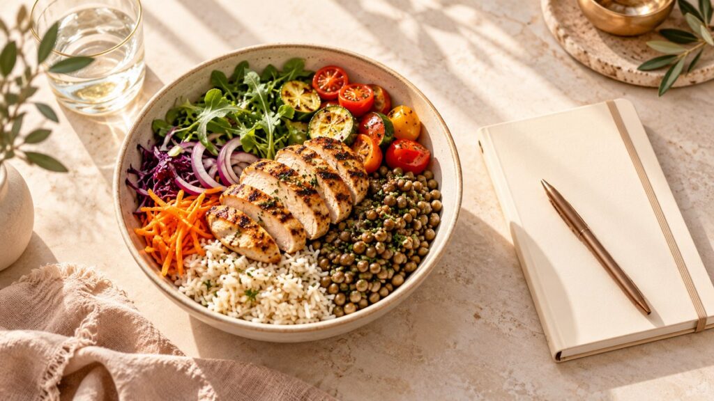 Balanced meal and blank notebook for a weight loss plateau nutrition review